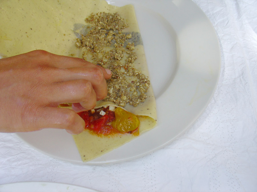 Second fold, third layer, green olive tapenade. Ziggizagna pasta recipe.