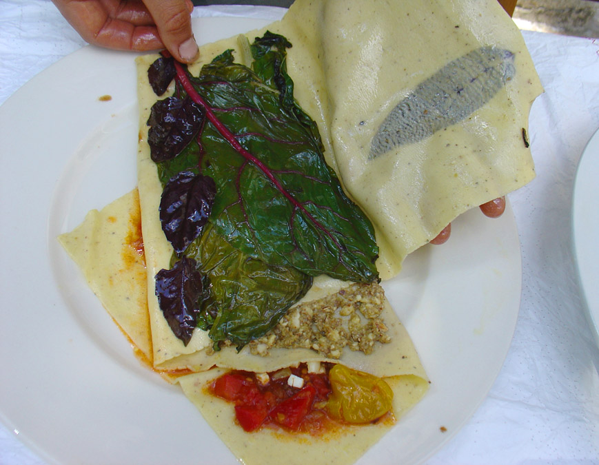 Third fold, third layer, flash-fried chard and wilted purple basil