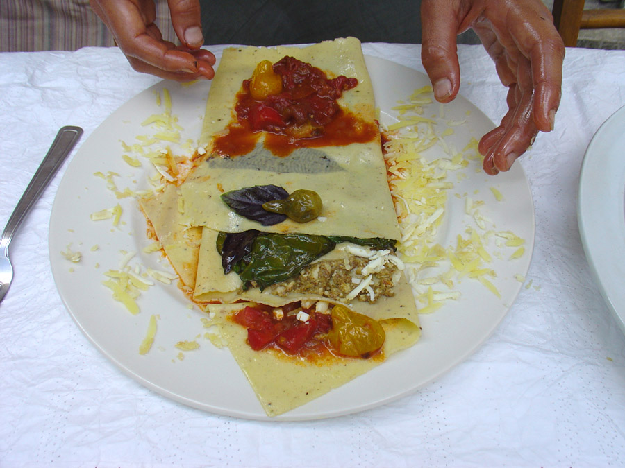 Final fold, final layer: tomato-apricot sauce and making the Ziggizagna all pretty-like