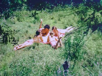 1993 picnic performance with picnic ground cloth, built-in shorts, 4 ladies. Â© Debra Solomon 1993