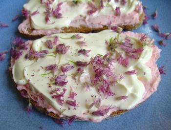 Tarama and full-fat kwark with chive flowers on wholewheat bread