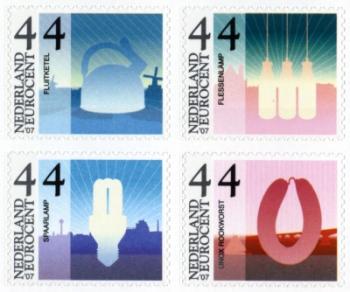 Dutch postage stamps with images of a smoked HEMA sausage and a HEMA water kettle