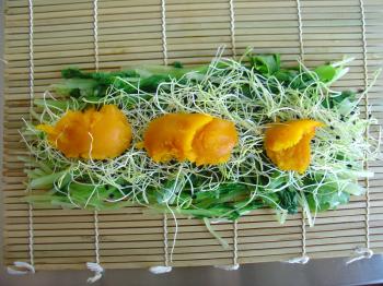 04 - place sprouts, wasabi paste and pumpkin on the matted green: Turnip green & pumpkin ohitashi style sushi, by Debra Solomon for culiblog.org