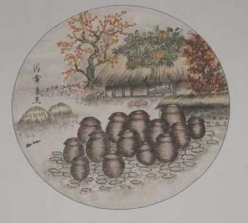 Pen and ink drawing of kimchi pots stored in the public space, also pumpkins growing on the thatch roof, photo by Carpe Feline, Debra Solomon, culiblog.org