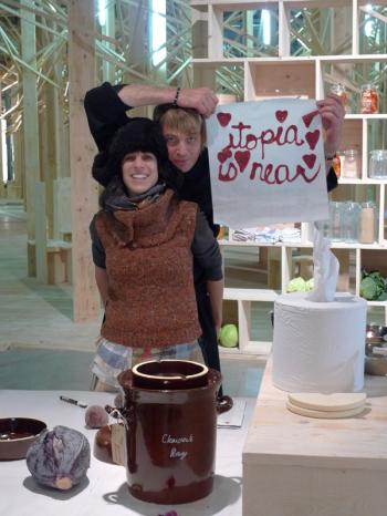 Utopia is near, sign written in food flow fruit leather, Debra Solomon and Paul Freestone from Lucky Mi Fortune Cooking, installation at the City Eco Lab, Debra Solomon, culiblog.org