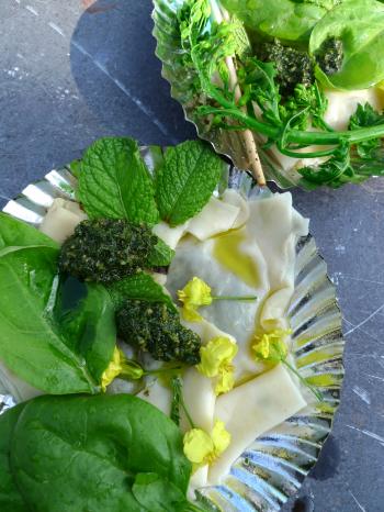 Gout weed ravioli and various leafy greens served at the Slim Pickins restaurant opening, Debra Solomon, culiblog