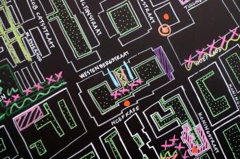 Detail of Schilderswijk chalkboard map showing a proposed espallier fruit orchard in the Westenbergstraat garden, Debra Solomon, culiblog.org