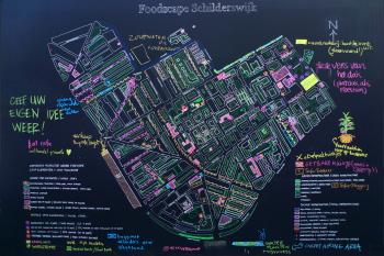 A hand drawn map of the Schilderswijk, showing plans by project authors and suggestions by visitors to the FOODPRINT exhibition, Summer 2009, Debra Solomon, culiblog.org