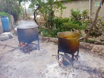 Saosan making carob syrup in Ayn Hawd, Debra Solomon, culiblog.org